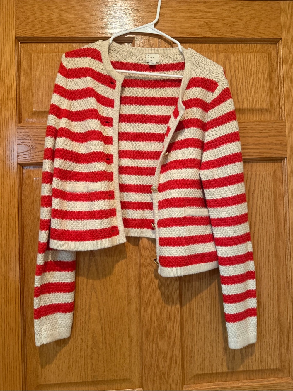 a new day Red and Cream Striped Cropped Cardigan